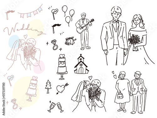 白黒、モノトーン、線画のイラスト(結婚、結婚式、カップル、夫婦、招待状、ウェルカムボード、指輪、新生活、幸せ) Illustrations of black and white, monotone, and line drawings.Weddings, couples, invitations, rings, happiness.