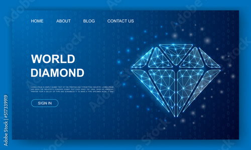 Diamond 3d polygonal website template. Brilliant design illustration concept. Low poly Jewelry symbol for homepage, promotion banner design.