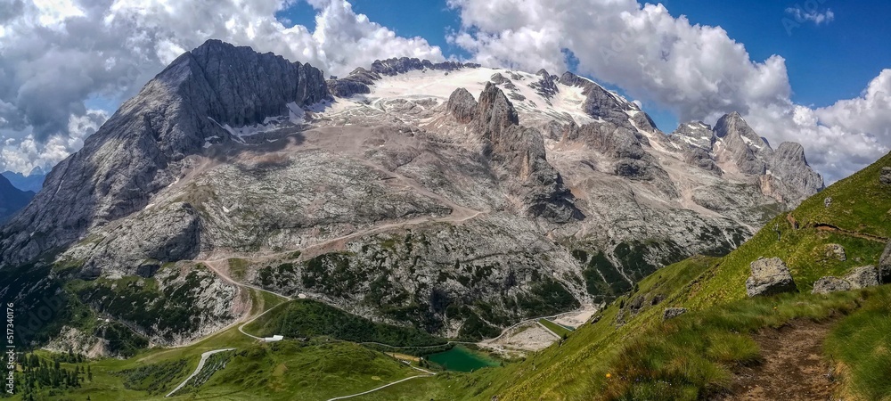 Mountain panorama from Marmolada in the Dolomites. View of the Marmolata glacier above Canazei in the Trentino. Hiking