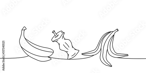 Set of organic trash one line continuous drawing. Peel of banana, apple stub continuous one line set illustration.