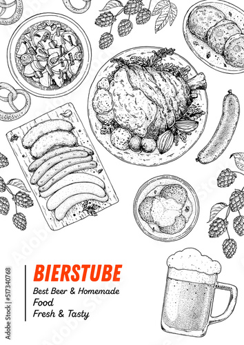 German food frame. Oktoberfest menu. German cuisine. Sketch style. Menu design template. Hand drawn vector illustration. Food and drink sketch. Black and white. Engraved style