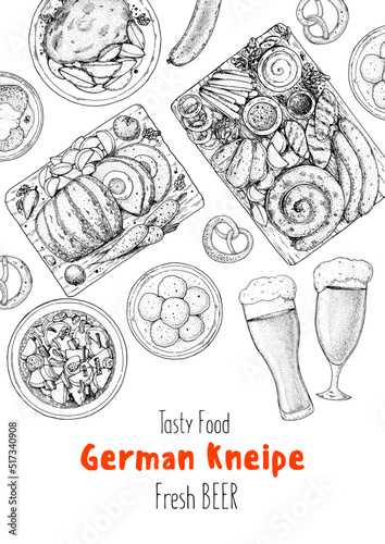 German food frame. Oktoberfest menu. German cuisine. Sketch style. Menu design template. Hand drawn vector illustration. Food and drink sketch. Black and white. Engraved style