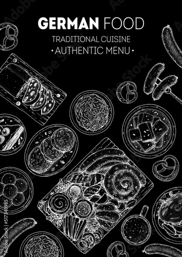 German food menu sketches. Design template. Hand drawn illustration. German cuisine. Black and white. Engraved style. Hand drawn food sketch illustration.
