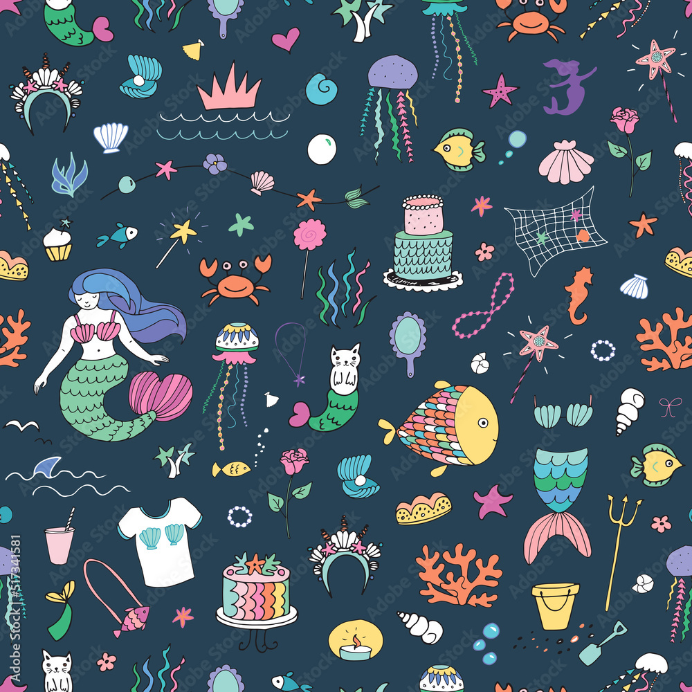 Mermaid party birthday celebration vector seamless pattern Mermaid party birthday celebration vector seamless pattern