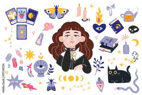 Witchcraft, withcore aesthetic set with beauti city witch girl, occult things, tarot cards, crystal ball. Bohemian mystical magic collection. Trendy modern vector illustration, hand drawn, flat