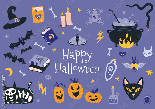 Happy Halloween set with pumpkins, bat, decoration elements. Bohemian mystical magic collection clip art. Trendy modern vector illustration, hand drawn, flat