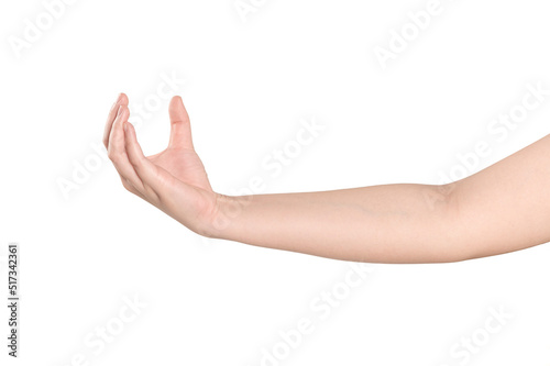  Woman hand showing something on white background 