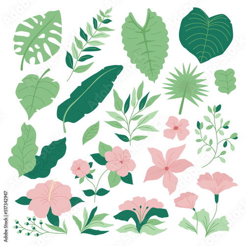 Vintage Set of Green Tropic Flower, Foliage Collection with colorful floral Botanical bundle Elements. Nature of plants garden. Hand drawn Flat Style, suitable for wedding invitation or banner 