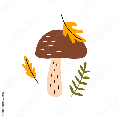 White mushroom with forest plants in doodle style. Cute children vector illustration isolated on a white background. Graphic elements for your design - poster, card, bag, t shirt