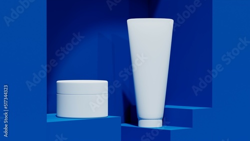 White bottles for cosmetics. Close up. On a blue platform. Cream. Lotion. 3D rendering. Composition for product presentation. Advertising cosmetics. Cosmetics template. Mockup.