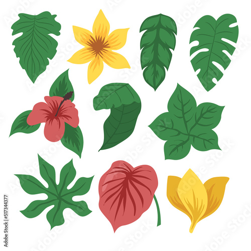 Vintage Set of Green Tropic Flower  Foliage Collection with colorful floral Botanical bundle Elements. Nature of plants garden. Hand drawn Flat Style  suitable for wedding invitation or banner 