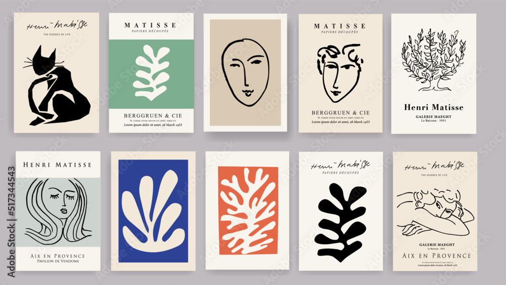Matisse Abstract Art Set, Aesthetic Modern Art, Boho Decor, Minimalist Art, Illustration, Vector, Poster, Postcard. Collection for decoration. Vector all isolated. Set of abstract trendy creative art.