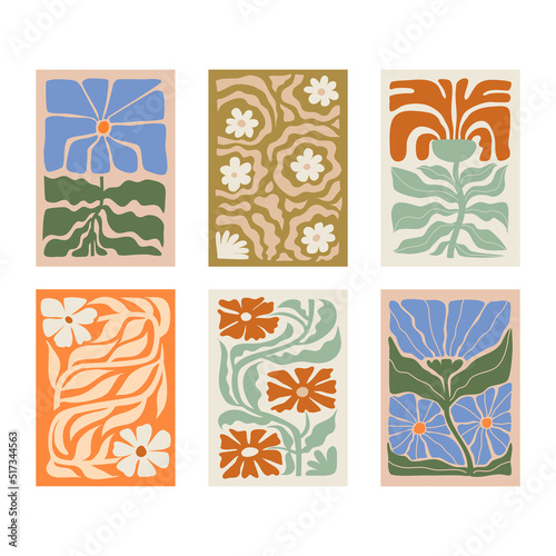 Vintage Set of Tropic Flower Blocks, Foliage Collection with colorful floral Botanical bundle Elements. Nature of plants. Groovy 90s Retro psychedelic Style, suitable for wedding invitation art poster