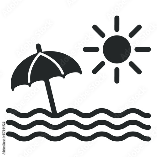 Summer, seascape with sea, umbrella and sun - vector sign, web icon, illustration on white background, glyph style