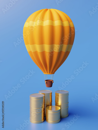 Travel budget and ticket prices represented by a hot air balloon and money piled up