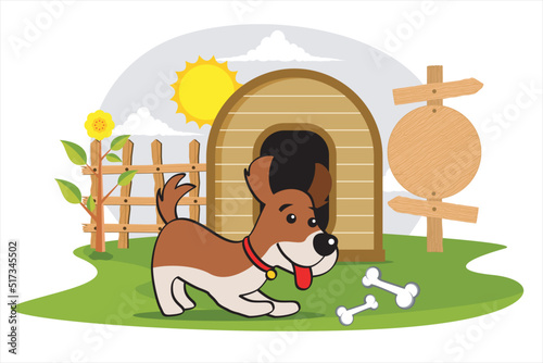 Dog cartoon. A small puppy playing in front of a small house. Small dog house. Dog vector illustration