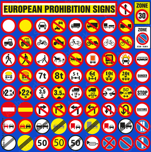 Europe prohibition road signs set.
