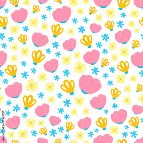 Summer floral seamless pattern on blue background for surface design or wrapping paper, ornament