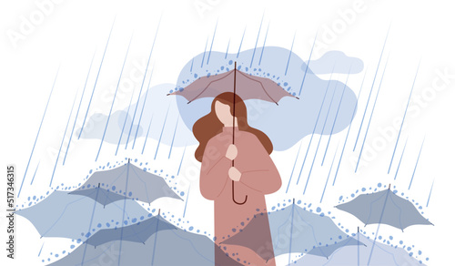 Upset and lonely girl with umbrella among people. Autumn depression on a rainy day. Mental proplems and apathy concept. Emotional burnout. Flat vector illustration isolated on white background