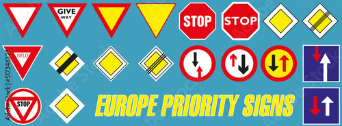 Icon set of main priority road signs. Road signs used in the European Union.
