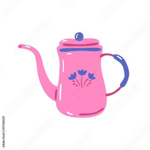 Vintage tea kettle. Light pink teapot with flowers object isolated on a white background. Kitchen pottery tableware. Hand-drawn colored cartoon vector illustration.  Print, poster, icon for design