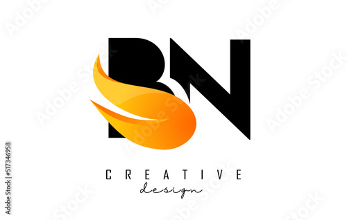 Vector illustration of abstract letters BN b n with fire flames and orange swoosh design.