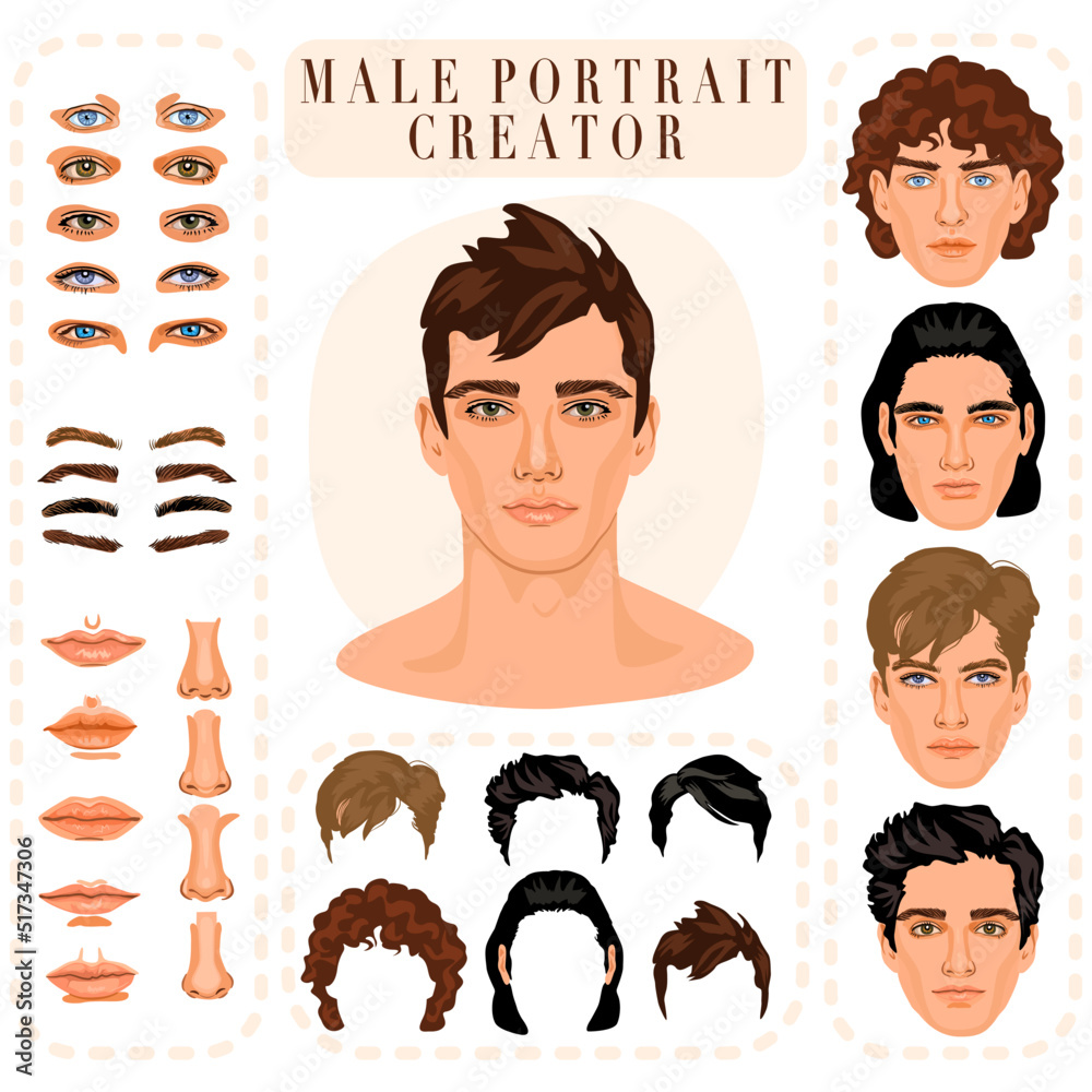 Vetor de Male face constructor, handsome man portrait creator. Avatar  generator in realistic style. Eyes, brows, noses, lips, different  hairstyles do Stock | Adobe Stock