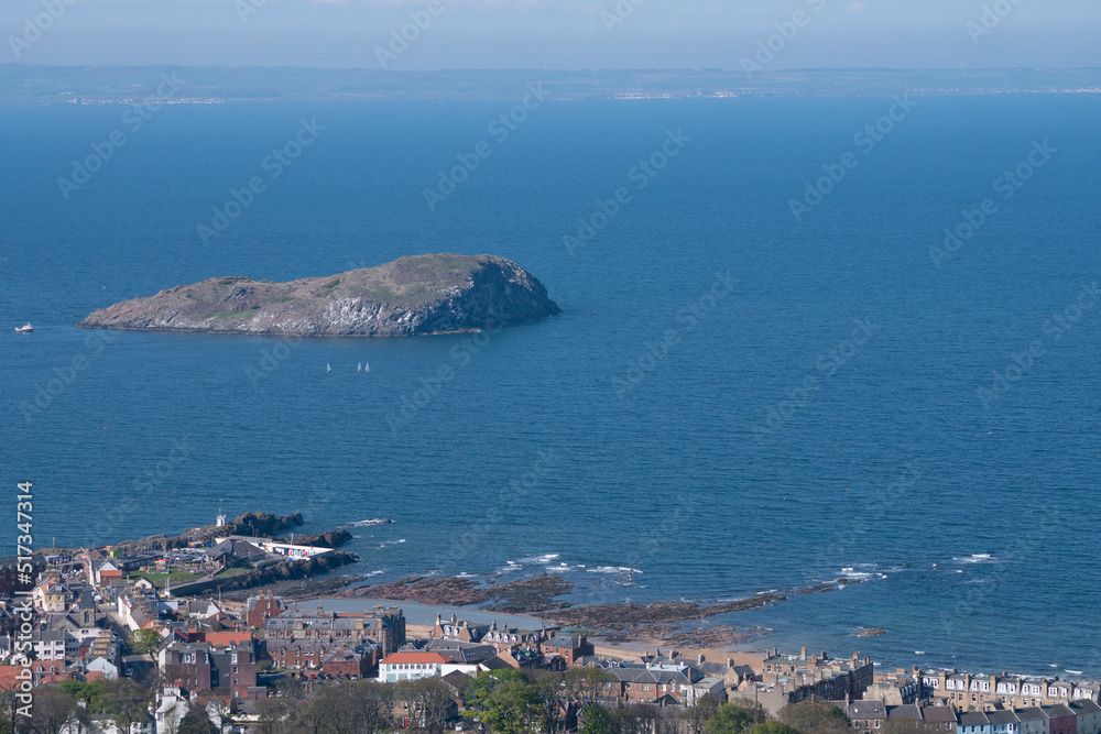 Aerial view of North Berwick and sea on a beautiful clear spring day in Scotland