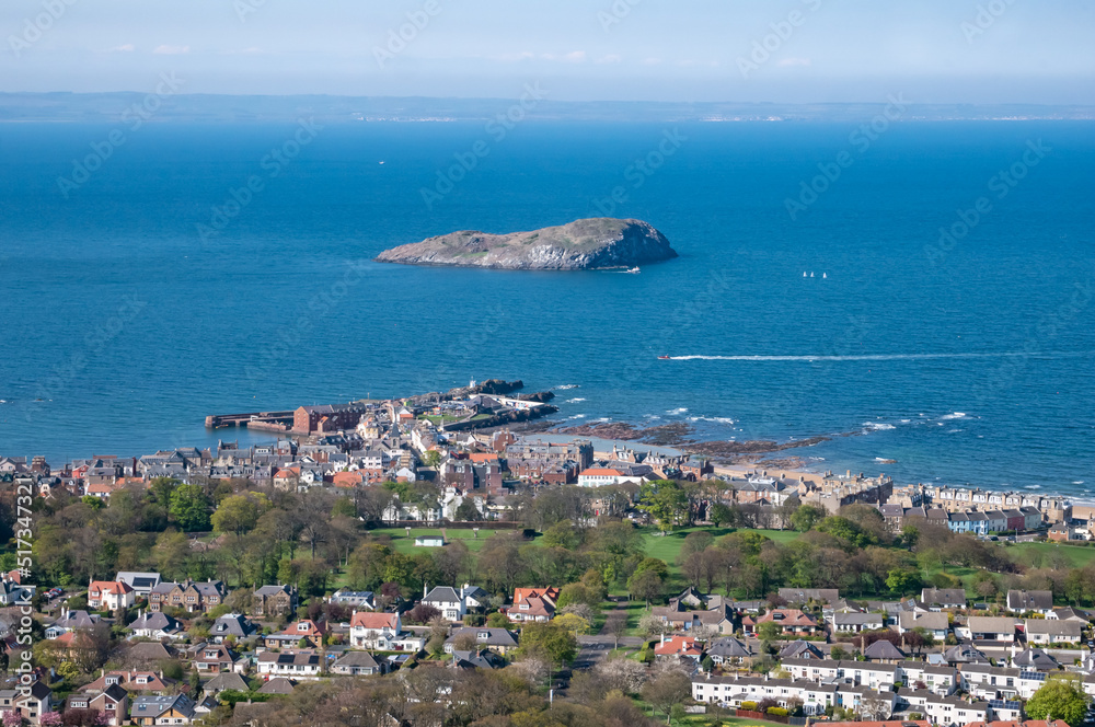 Aerial view of North Berwick and sea on a beautiful clear spring day in Scotland