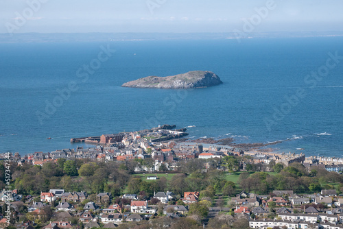 Aerial view of North Berwick and sea on a beautiful clear spring day in Scotland
