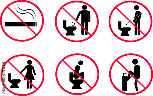  Access use warning in toilet , Do not urinate into the toilet pan,Do not litter,No Sanitary Pad down the Toilet,vector set.