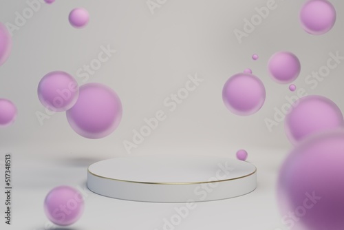 abstraction. beautiful flying matte balls of pink color on a white background in the middle of which is a pedestal for placing products or text. 3d render. 3d illustration © Igor