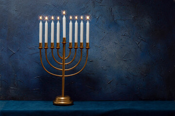 Jewish Hanukkah Menorah 9 Branch Candlestick. Holiday Candle Holder. Nine-arm candlestick. Traditional Hebrew Festival of Lights candelabra. Background for design with copy space