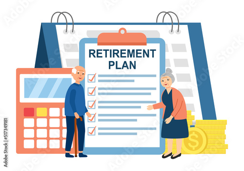 Retirement plan concept vector illustration. Pension financial planning in flat design on white background.