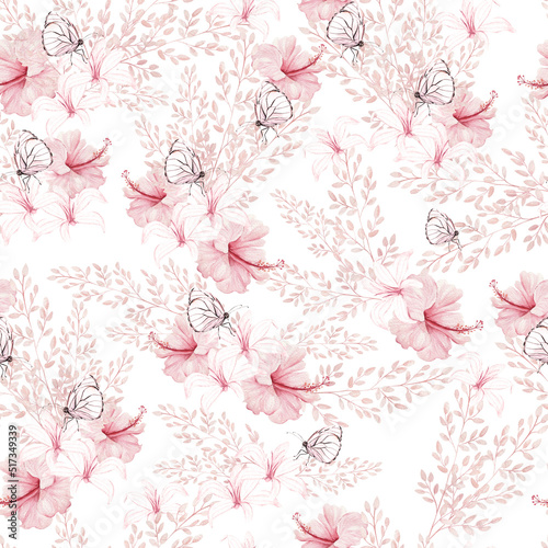 Watercolor wedding pink tropical seamless pattern with Exotic flowers, hibiscus, orchids and leaves. Illustration