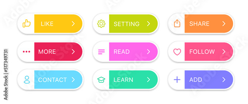 Click here web buttons. Set of action button like more contact setting read learn share follow add. Click button. Modern action button mouse click symbol.