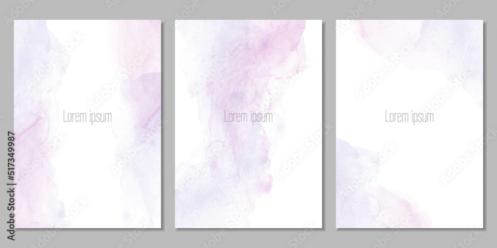 Vector set of templates with watercolor background in pink and purple colors