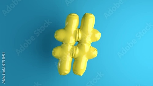 Inflated 3d render of yellow hashtag on blue background loop. Social media concept