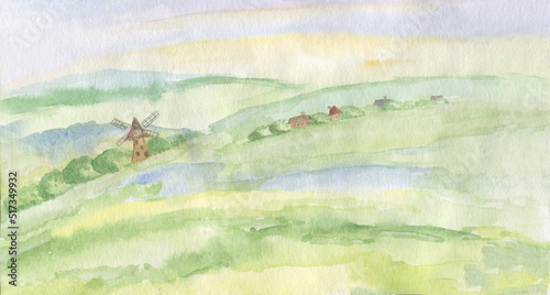 Landscape with a windmill  fields and a river. Watercolor illustration.