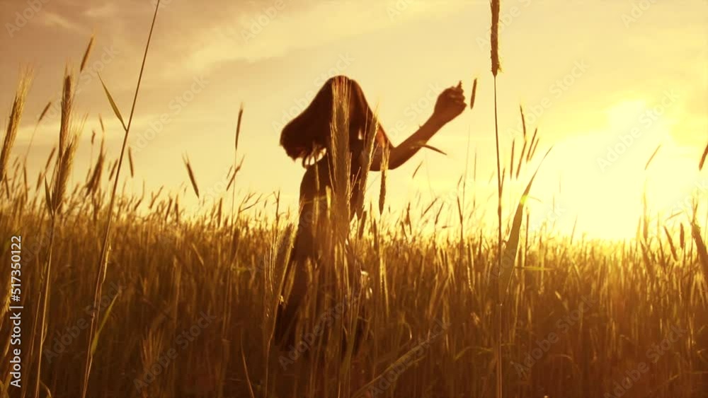 Beauty girl running on yellow wheat field over sunset sky. Beautiful woman spinning and raising hands. Silhouette of female on nature background. Enjoying nature. Slow motion