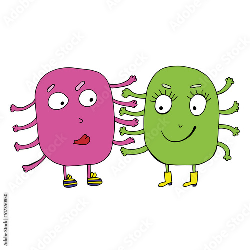 Love monsters. Pink and green monster. Valentine s Day. Vector monsters. Isolated on a gray background. Coloring for children and adults. Cartoon