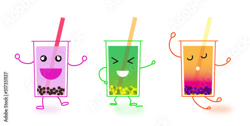 Bubble tea illustration characters kawai japan multicolored drink fruit,taro, kiwi, exotic fruit with tapioca bubble. Concept characters fun style photo