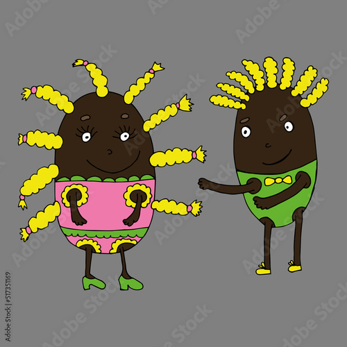 Love monsters. African American monsters. Valentine s Day. Vector monsters. Isolated on a gray background. Coloring for children and adults. Cartoon