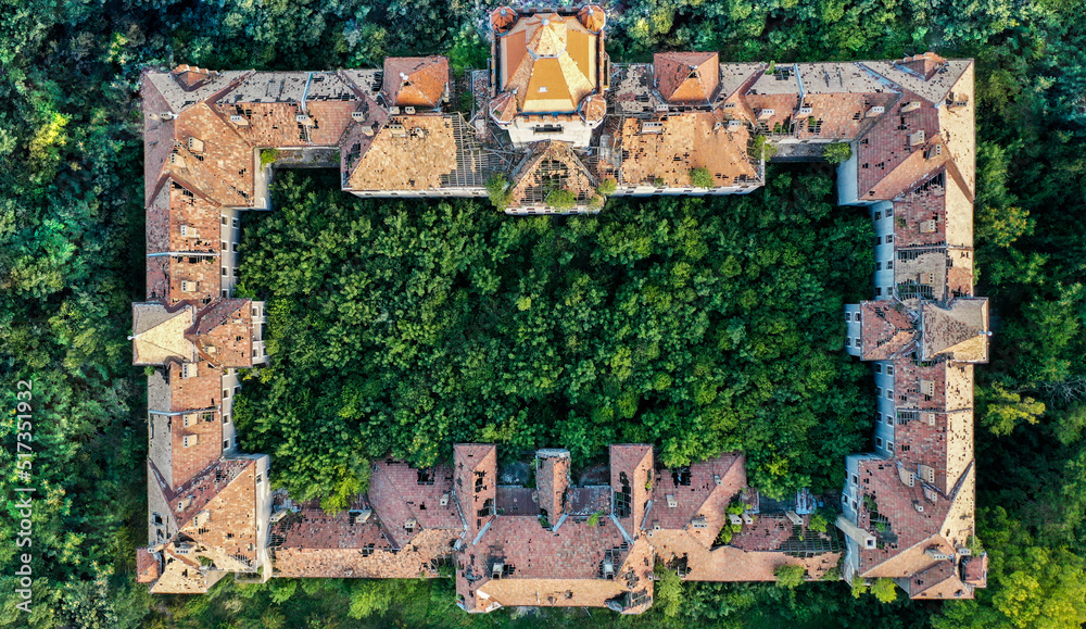 aerial view of abandoned castle in the forest