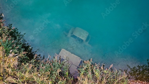 aerial view sunken car wreck