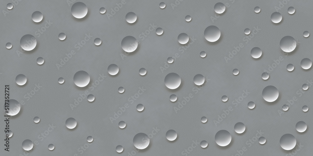 Water drops on a gray lather texture  background. Round raindrops with shadows, inclined surface. illustration