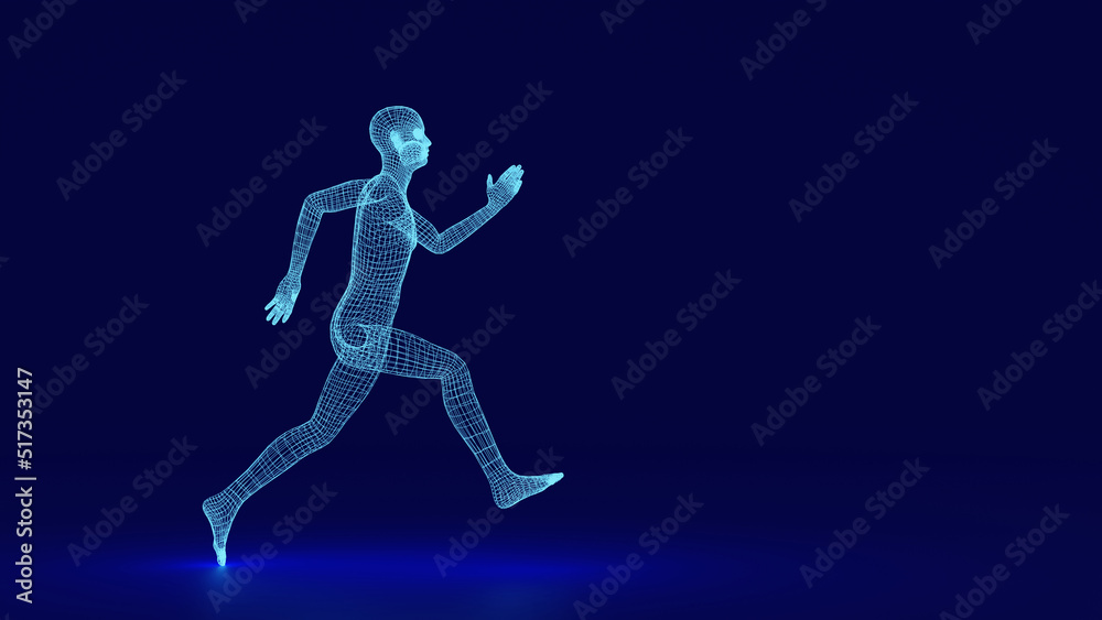 Wire frame human full body in virtual reality. Medical blue print scanned 3D model. Polygonal technology design. Sprinter Running figure, 3d rendering.