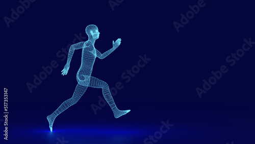 Wire frame human full body in virtual reality. Medical blue print scanned 3D model. Polygonal technology design. Sprinter Running figure  3d rendering.
