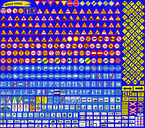 Large collection of road signs of the world. Set of warning, priority, prohibition road signs.