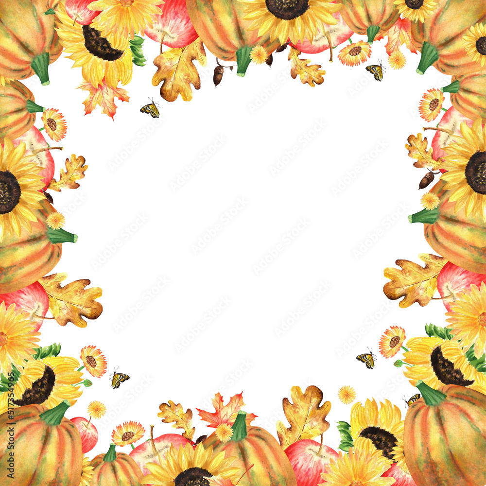Garden frame with sunflowers, maple and oak leaves, acorns, apples, pumpkins and marigold with a butterfly. Autumn harvest. Thanksgiving. Hand-drawn watercolor illustration. Garden frame with sunflowers, maple and oak leaves, acorns, apples, pumpkins and marigold with a butterfly. Autumn harvest. Thanksgiving. Hand-drawn watercolor illustration.
